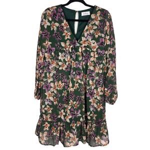 Kaileigh Women’s Green Floral V-Neck Dress Lined Peplum Ruffle Sheer Flowy Small